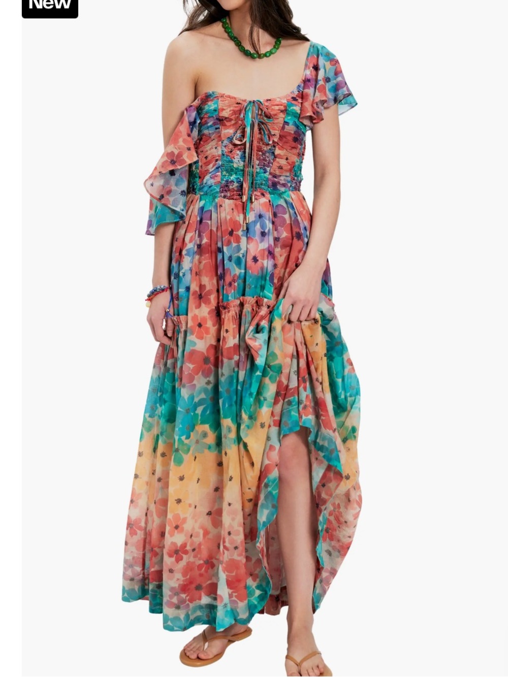 Free People One-Shoulder Floral Maxi Dress - Teal, Coral, Yellow